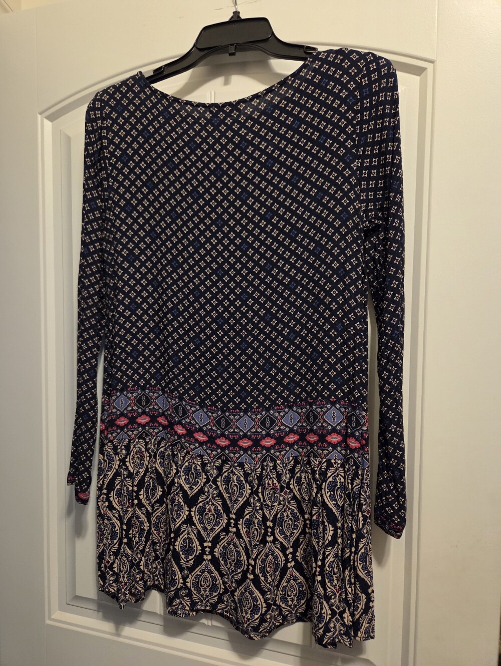 Navy Patterned Long-Sleeve Tunic with Pink Accents